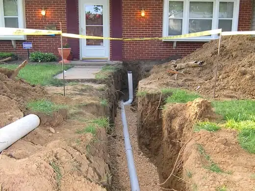 Open trench with sewer or water line replacement pipe exposed for Plumbing Service Areas in Index.Html close repair view