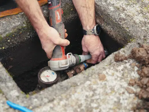 Open trench with sewer or water line replacement pipe exposed for Plumbing Service Areas in Index.Html alternate angle